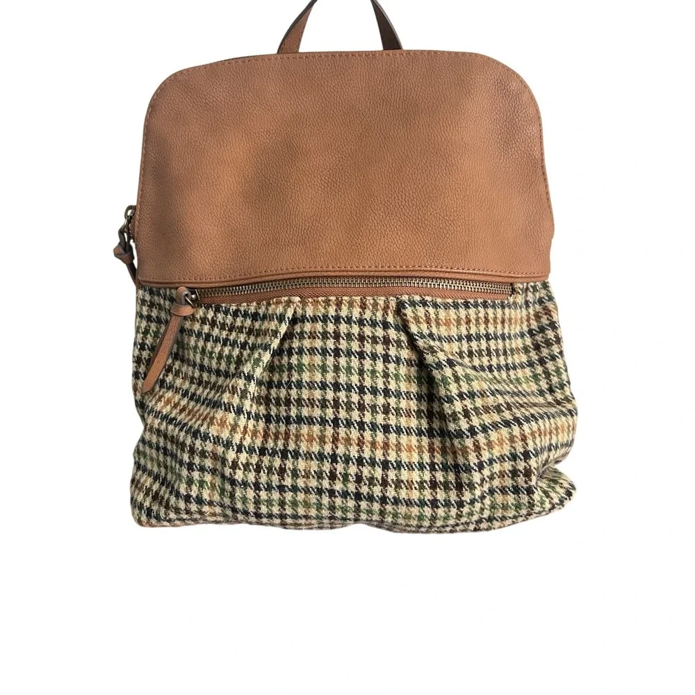 Sonoma Goods For Life Brown Faux Leather Houndstooth Plaid Backpack Purse School